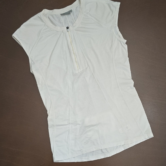 ATHLETA Women's L Cream Cap Sleeve Tee Quarter Zip Performance Pocket - Picture 1 of 7